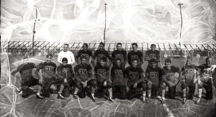Picture Three; is the same negative after scanning on the professional scanner! So, this is our main objective to be able to save as many of the Acetate negatives before they deteriorate. The negative is listed as number 48 and is listed as Sept 15 (no year but probably 1939) Mangum football boys coach Pruitt.