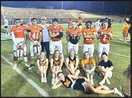 Seniors Cooper Earls, Brendon Collins, Cole Allmon, Pasquale Bitondi, Aidan Warner, Dominic Allen, James Martin, (and in front l-r) Alexa Kendall, Jaylyn Hamon, Morgan White, Messina Taylor, Madyson Paxton, and Landri Lively enjoyed the win against Rush Springs and all the fun of homecoming week.