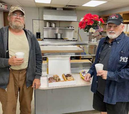 Come to the American Legion Post 121 in Mangum each Tuesday morning starting at 7 AM for “Coffee with a Veteran.” They offer free coffee, snacks, and great conversations. Everyone is welcome, veterans and non-veterans alike. Shown here are Legion Commander David Bowman and Tyler Smith having coffee and donuts. Donations are welcome. Mike Bush | Mangum Star